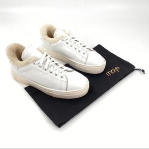 Maje Finny Sheepskin Trim White Leather Sneakers